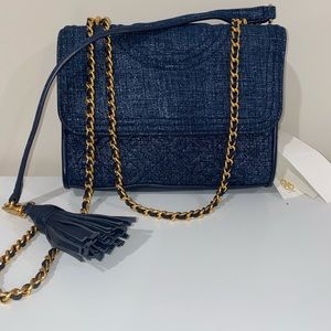 Tory Burch Denim suede shoulder bag. New with tags, never used!